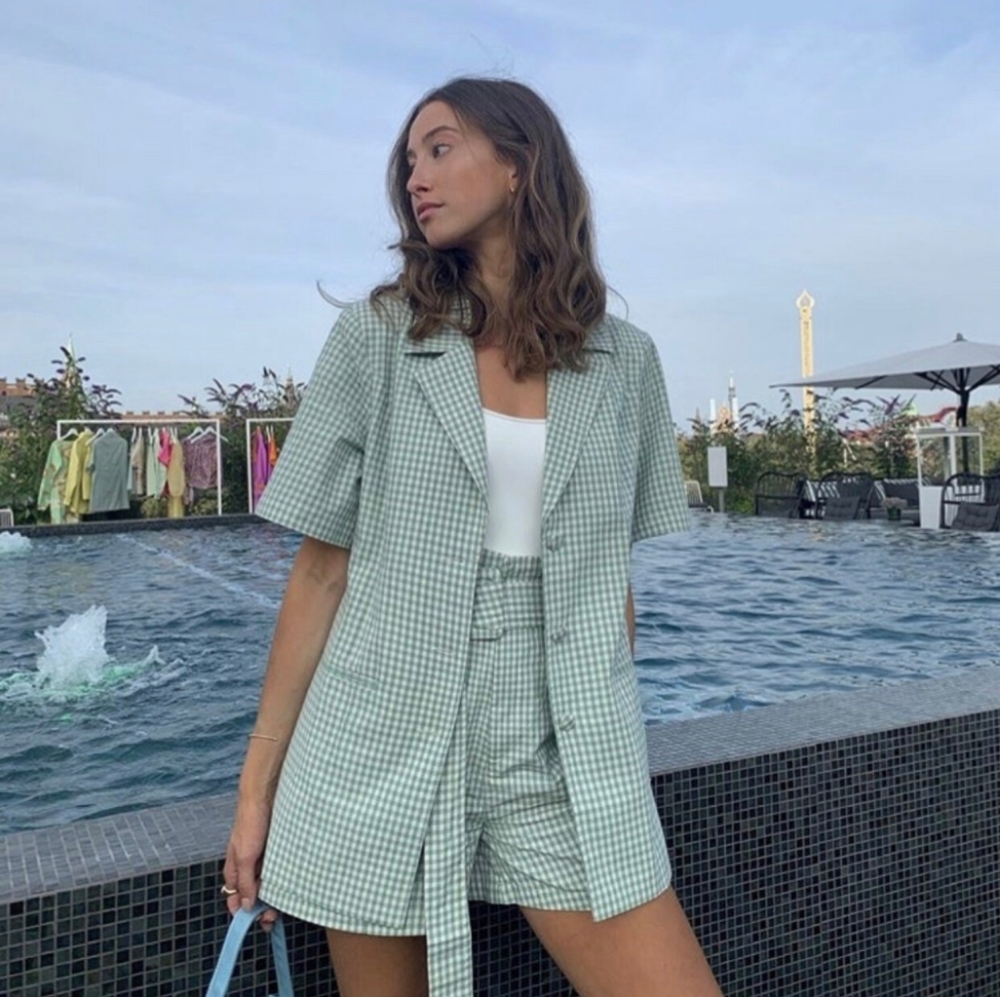 Hosbjerg Sarah Gingham Blazer and Shorts Set Sz M